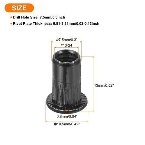 Flat Head Rivet Nuts With Knurled Body For Secure Threaded Inserts In Carbon Steel Thread Size Ten To Twenty Four Twenty Pieces Pack For Quick Auto Bodywork DIY Projects And Industrial Applications shown with dimensions