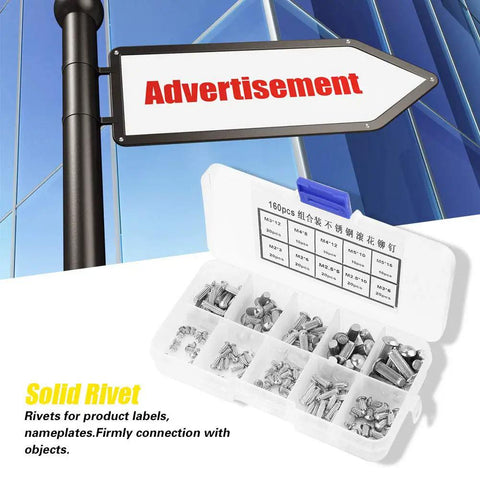 Lightweight Knurled Shank Stainless Steel Rivets Set 160 Pieces in Multiple Sizes with Plastic Storage Box for Labels Nameplates Fastening and DIY Projects next to an advertisement sign.