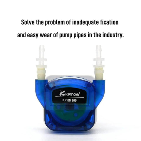KPHM100-HB low flow small peristaltic pump 12V dc motor shown with transparent blue casing and tubing connectors