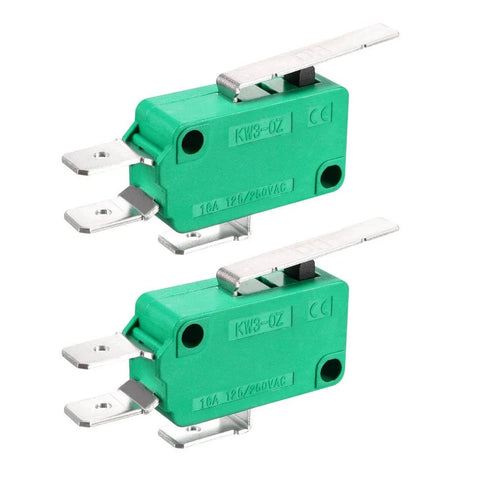Two green 2PCS KW3-OZ 16A 125/250VAC SPDT NO NC Hinge Lever Type Micro Limit Switches with metal levers