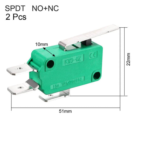 2PCS KW3-OZ 16A 125/250VAC SPDT NO NC Hinge Lever Type Micro Limit Switch, green body, hinge lever, dimensions 51x22mm