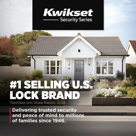 Exterior view of a house with a Kwikset Security Series sign, showcasing its reputation as the #1 U.S. selling lock brand.