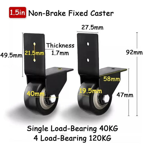 Four Pack Side Mount Caster Wheels With L Shaped Brackets 40mm Diameter PU Rubber Silent Castors Heavy Duty Furniture Movers