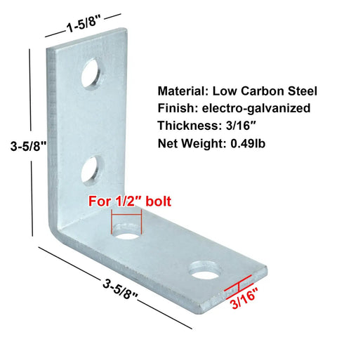 Durable 12 Piece L Shaped Connector Bracket Set For One And Five Eighths Inch Strut Channel Delivers 90 Degree Support With Three Sixteenths Inch Thick Carbon Steel And Electro Galvanized Finish For Corrosion Resistance And Secure Mounting, showing dimensional details and bolt size specifications.