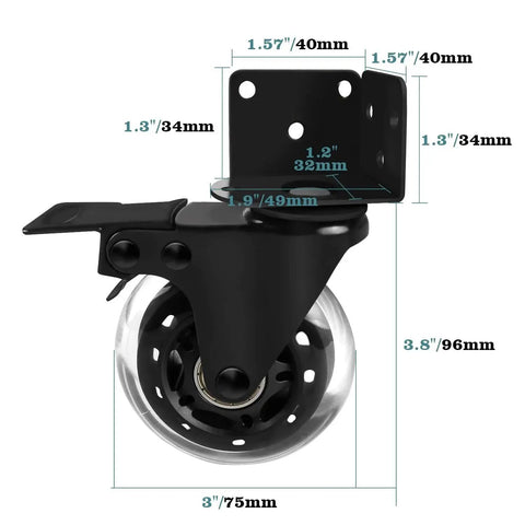 Three Inch Side Mount Industrial Caster with L Shaped Bracket and dimensions, Heavy Duty Castor Wheel with Lock for Material Handling