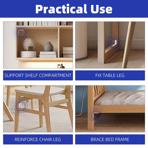 Practical uses of 40 Pack L Bracket Corner Braces, fixing shelf compartment, table leg, chair leg, and bed frame.