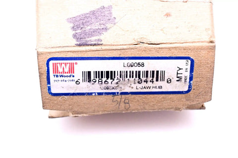 TB Woods L09058 box, label visible, Jaw Coupler Hub L Jaw For Five Eighths Inch ID And Two And One Eighth Inches OD Black Made In USA