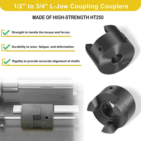 This L-Jaw flexible coupling set ensures smooth, backlash-free power transfer between 1/2 and 3/4 inch shafts with HT250 hubs.