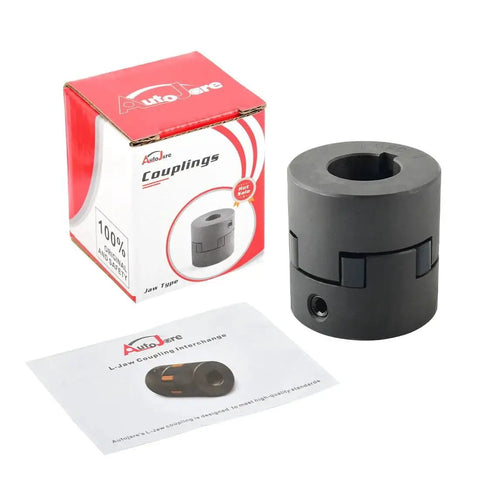 Durable L-Jaw 3/4 to 1 Inch Coupling Set with Buna N Rubber Spider in HT250 steel, packaging and instructions shown
