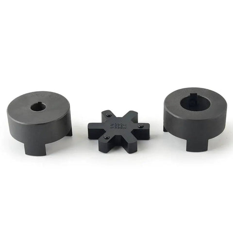 Efficient torque transfer and vibration dampening with the L090 3-Piece L-Jaw Coupling Set, featuring Buna N rubber insert, HT250 steel halves