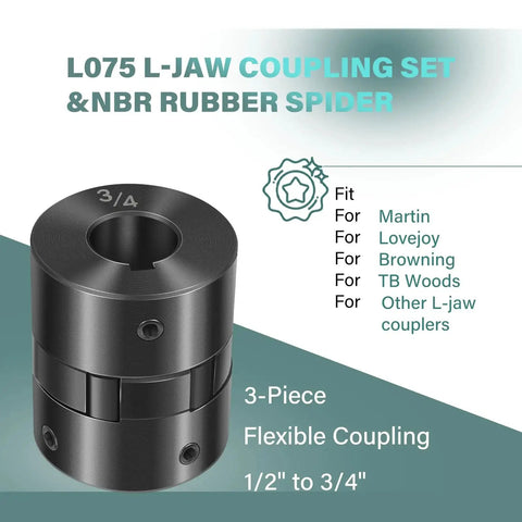 One Half To Three Quarters Inch L Jaw Flexible Shaft Coupling Set With Buna N Spider Three Piece L Jaw Design For Engine Shafts