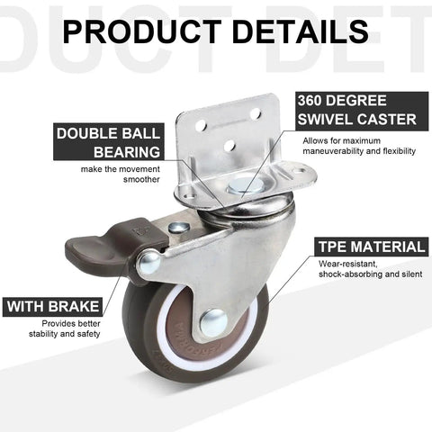 Close-up view of 8 Pack 2 Inch L Shape Caster Wheels With Brakes And Without Brakes, Side Mount Furniture Casters, with labeling of features.