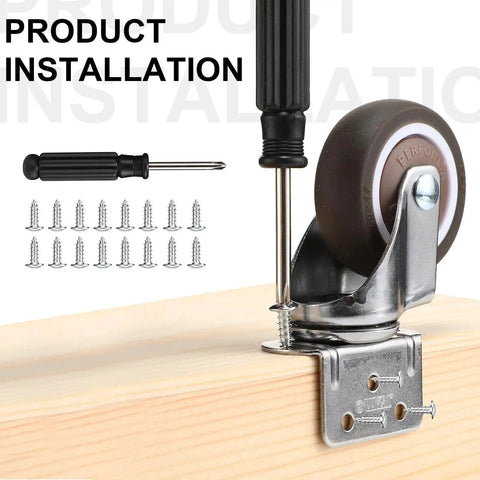 8 Pack 2 Inch L Shape Caster Wheels With Brakes And Without Brakes, shown installed on wood, with included screwdriver and screws.