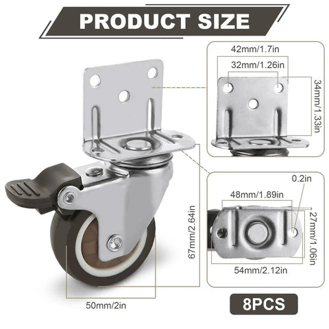 8 Piece Set 2 Inch L Shaped Caster Wheels With Brakes Side Mount Casters With Screws Locking Swivel No Noise TPR Rubber Wheel