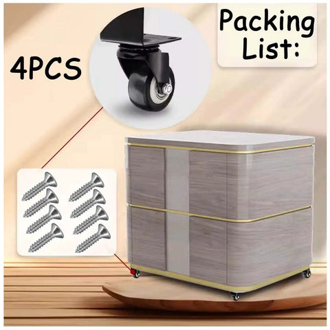 Packing list shows 2-Inch L-Shaped Caster Wheel Set 4-Pack Heavy Duty Side Mount Casters With PU Rubber Wheels and screws