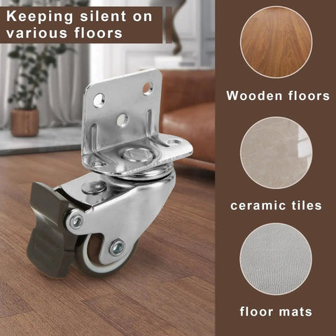 Eight Pcs L-Shaped 1 Inch Caster Wheels With 360 Degree Swivel And Brake displayed on wood floor