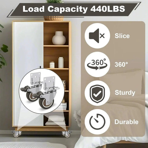 8 Piece Set 2 Inch L Shaped Caster Wheels With Brakes Side Mount Casters 440 lbs load capacity for furniture