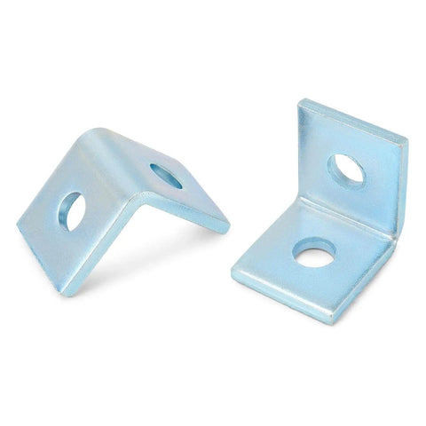 Durable two-hole L-shaped connector bracket for 1-5/8 inch strut channels with a 1/2 inch bolt, corrosion-resistant, electrogalvanized finish