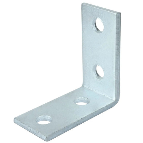 Durable 12 Piece L Shaped Connector Bracket Set For One And Five Eighths Inch Strut Channel Delivers 90 Degree Support With Three Sixteenths Inch Thick Carbon Steel And Electro Galvanized Finish For Corrosion Resistance And Secure Mounting, single L-shaped bracket with 4 holes
