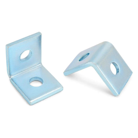 Durable two-hole L-shaped connector bracket for 1-5/8 inch strut channels with a 1/2 inch bolt, strong carbon steel, electrogalvanized finish.