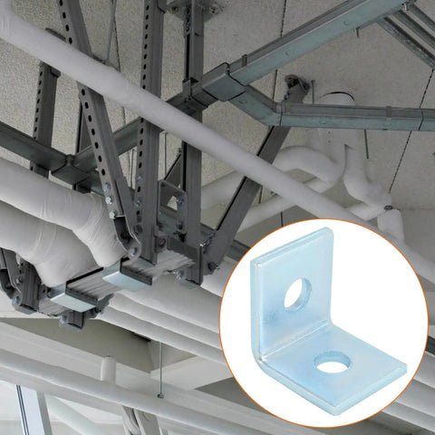 Durable two-hole L-shaped connector bracket for 1-5/8 inch strut channels with a 1/2 inch bolt, shown installed on ceiling pipes.