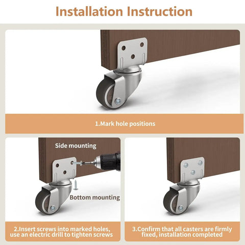 Installation instruction for One Inch Small L Shaped Plate Casters Swivel Furniture Wheels with steel bracket on wooden furniture.