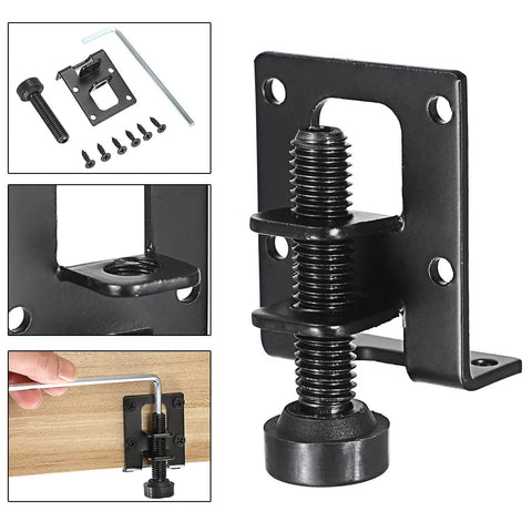 Four-pack adjustable L shaped furniture leveling feet with heavy duty brackets installed on wooden surface, includes mounting kit.
