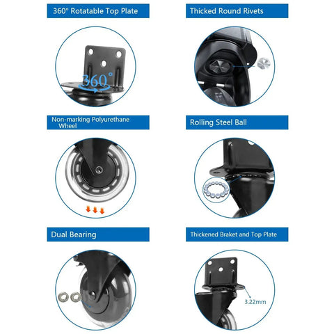 3 Inch L Shaped Plate Casters, 4 Pack Side Mount Lockable Furniture Caster Wheels With Non Marking Polyurethane, product features close-up
