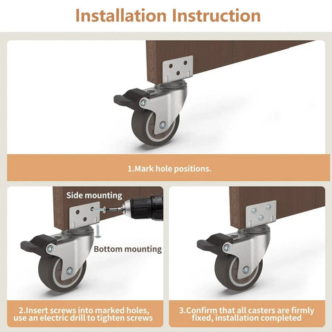 Installation instruction for 2 Inch L Shaped Swivel Plate Casters With Brakes, showing mounting on wooden furniture.