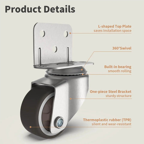Close-up of one inch small L shaped plate caster swivel furniture wheel with steel bracket and silent TPR, wear resistant.