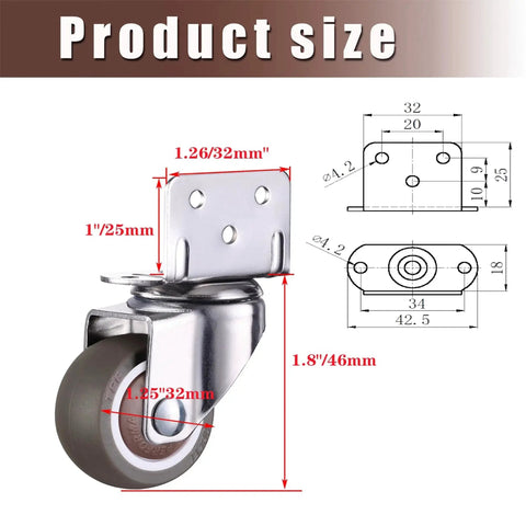 1.25 Inch L Shaped Plate Swivel Caster With Brake Rubber Wheel Side Mount for Smooth Silent Movement Heavy Duty Load Capacity 120 Lb Suitable for Flower Stands Furniture Bookshelves Set Of 4 with detailed measurements shown.