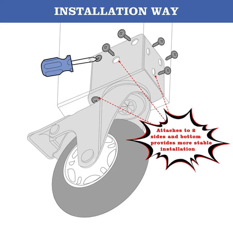 Installation diagram of 3 Inch L Shaped Plate Swivel Caster With Brake Side Mount Quiet Non Marking Polyurethane Wheels 600 Lb Capacity Set Of 4 For Flower Stands Furniture Shelves Bookshelves Heavy Duty Rolling Casters