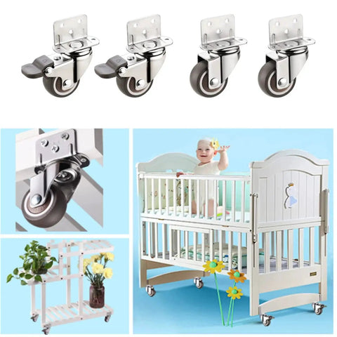 Image of a set of 1.25 Inch L Shaped Plate Swivel Casters With Brake Rubber Wheels Side Mounted, showing use on furniture and plant stands.