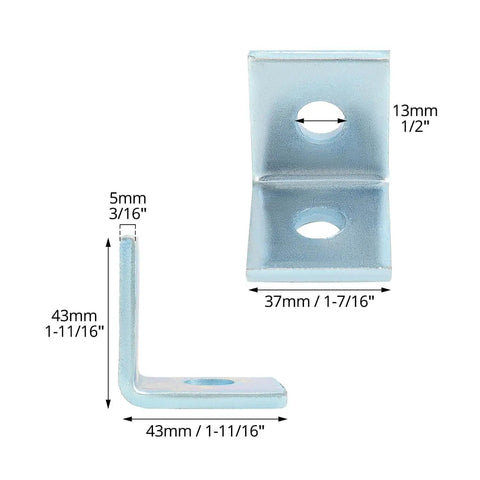 Durable two-hole L-shaped connector bracket for 1-5/8 inch strut channels with a 1/2 inch bolt, showing dimensions and electrogalvanized finish.