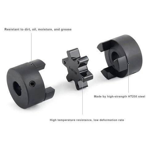 Efficient L075 3 piece L-Jaw coupling set with 5/8 inch bore and 3/16 inch keyway showing HT250 steel hubs and NBR spider insert.