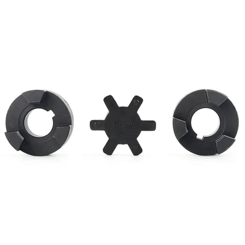Three Piece L075 L-Jaw Coupling for Three Quarter Inch Shafts with HT250 steel and Buna-N NBR spider, 3-piece set shown