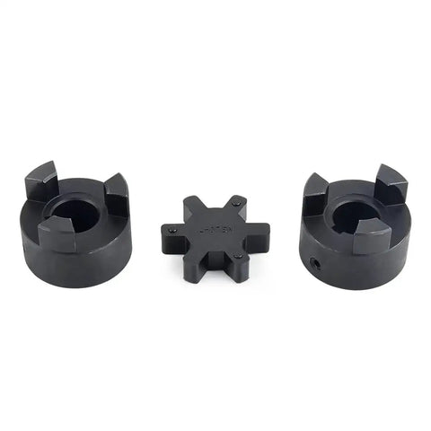 Three Piece L075 L-Jaw Coupling for Three Quarter Inch Shafts with HT250 steel and Buna-N NBR spider, front view of components