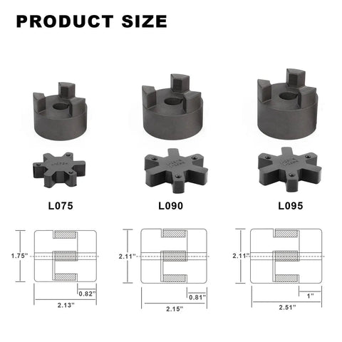 Flexible 3 piece L075 L-Jaw coupling set with Buna NBR spider, HT250 steel, product size comparison for motion control systems.