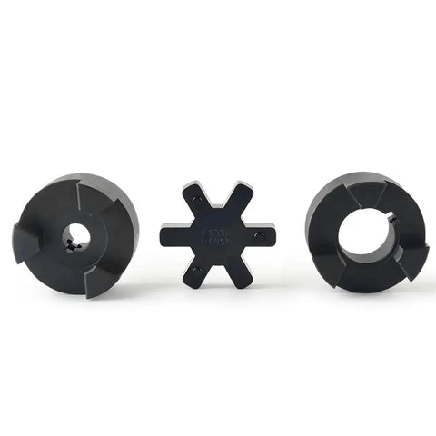 Efficient torque transfer and vibration dampening with the L090 3-Piece L-Jaw Coupling Set, featuring Buna N rubber insert, HT250 steel halves.