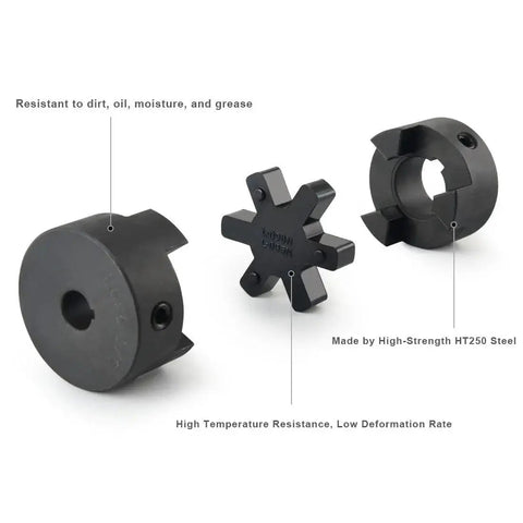 Efficient torque transfer and vibration dampening with the L090 3-Piece L-Jaw Coupling Set, featuring HT250 steel and Buna N insert.