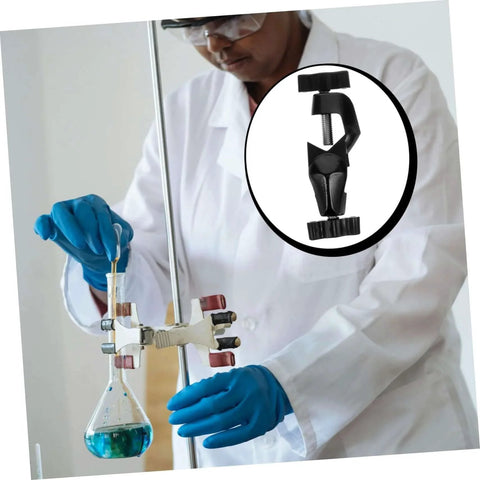 Scientist using 2 Pack Boss Head Clamps for Right Angle Lab Stands Heavy Duty Zinc Alloy Clamp Poles Adjustable Clips in lab setup
