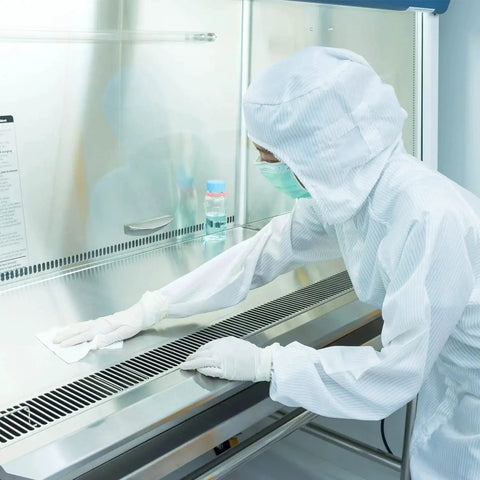 Person cleaning lab surface with Lint Free 4x4 Wipes 1200 Pcs Cellulose Polyester Blend For Lab Pharma, wearing protective gear.