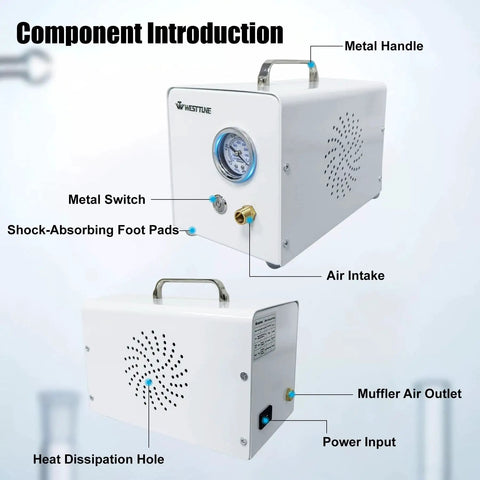 Lab Diaphragm Vacuum Pump For Filtration, Portable And Oil Free Oilless Design with metal handle, switch, and muffler air outlet.