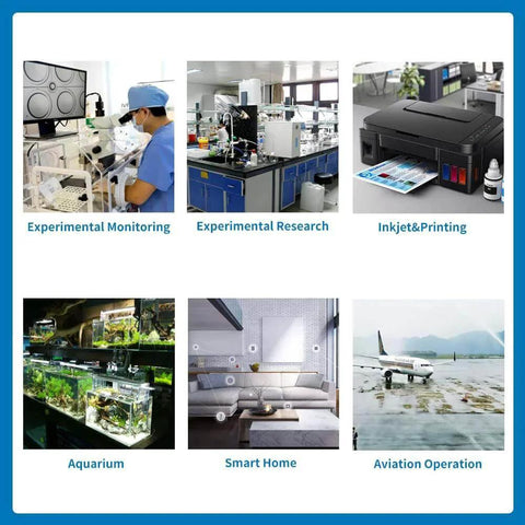 Collage of various applications including experimental monitoring, research, inkjet printing, aquarium, smart home, and aviation operation.