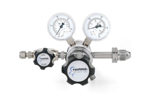 Front view of Lab Grade Specialty Gas Regulator CGA 590 Two Stage Chrome Plated KH1102 with dual scale gauges and stainless steel diaphragm
