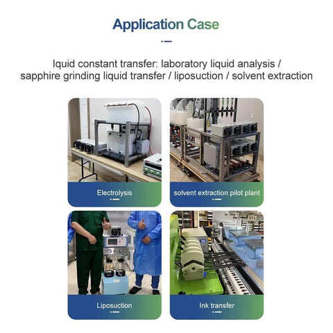 Application cases of BT100M/YZ1515x Liquid Peristaltic Pump for electrolysis, solvent extraction, liposuction, and ink transfer.