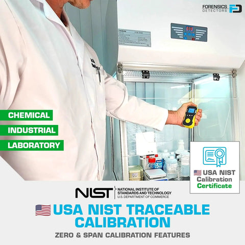 Hydrogen Fluoride Gas Detector With USA NIST Traceable Calibration being used in laboratory setting by Forensics professional.