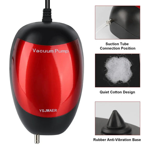 Front view of red and black Lab Vacuum Filtration Pump For Fast Liquid Filtration And Distillation Apparatus Kit with suction tube port and anti-vibration base features.