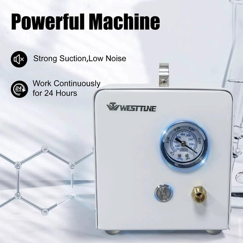 Lab Diaphragm Vacuum Pump For Filtration, Portable And Oil Free Oilless Design, front view with gauge display, West Tune