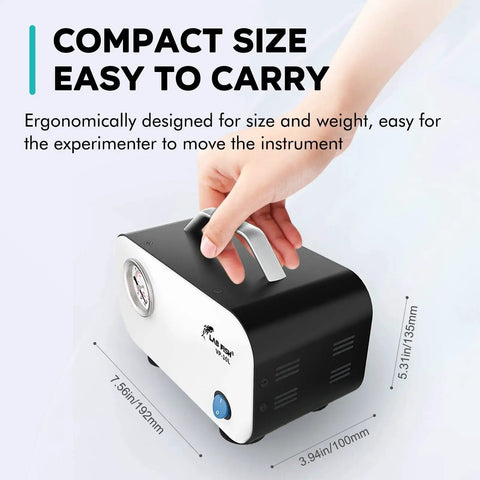 Portable lab vacuum pump in hand, displaying compact design for easy carrying; Powerful 10 Liters Per Minute Portable Lab Vacuum Pump Oil Free Diaphragm Filtration System for Lightning Fast Filtration of Viscous Liquids with Rubber Tube Ultra Reliable Bench Top Laboratory Equipment Ready to Use by Lab Fish